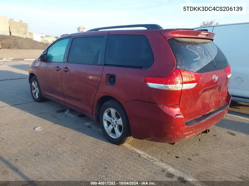 2012 Toyota Sienna Le V6 8 Passenger VIN: 5TDKK3DC4CS206139 Lot: 40517252