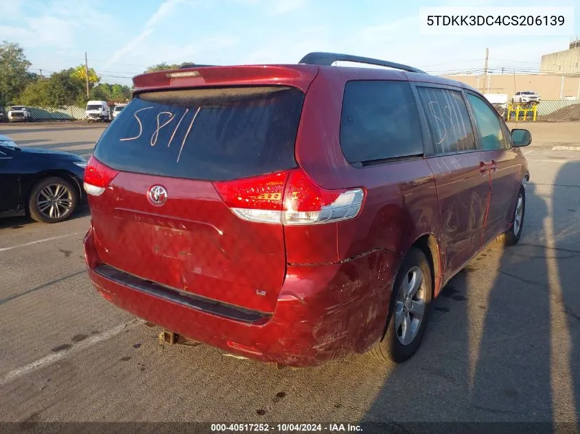 2012 Toyota Sienna Le V6 8 Passenger VIN: 5TDKK3DC4CS206139 Lot: 40517252