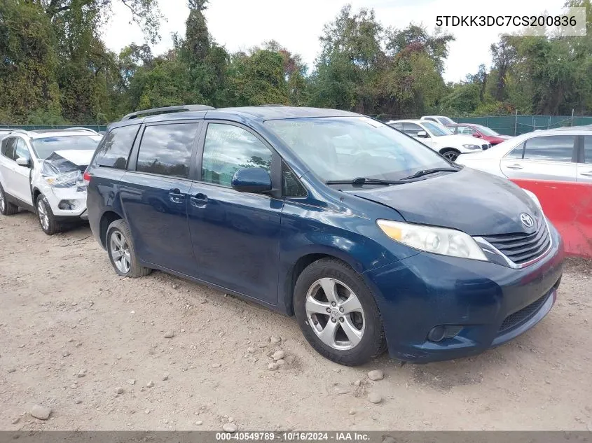 2012 Toyota Sienna Le V6 8 Passenger VIN: 5TDKK3DC7CS200836 Lot: 40549789