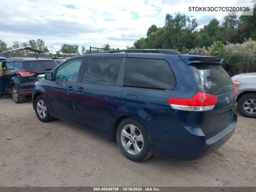 2012 Toyota Sienna Le V6 8 Passenger VIN: 5TDKK3DC7CS200836 Lot: 40549789