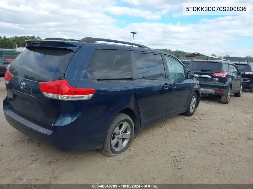 2012 Toyota Sienna Le V6 8 Passenger VIN: 5TDKK3DC7CS200836 Lot: 40549789