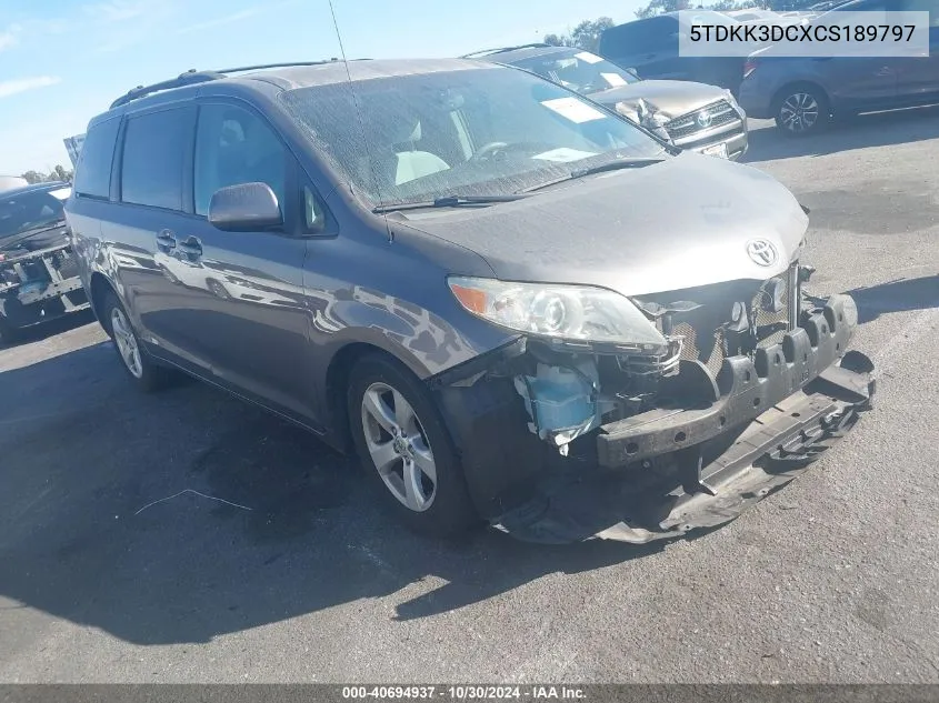 2012 Toyota Sienna Le V6 8 Passenger VIN: 5TDKK3DCXCS189797 Lot: 40694937