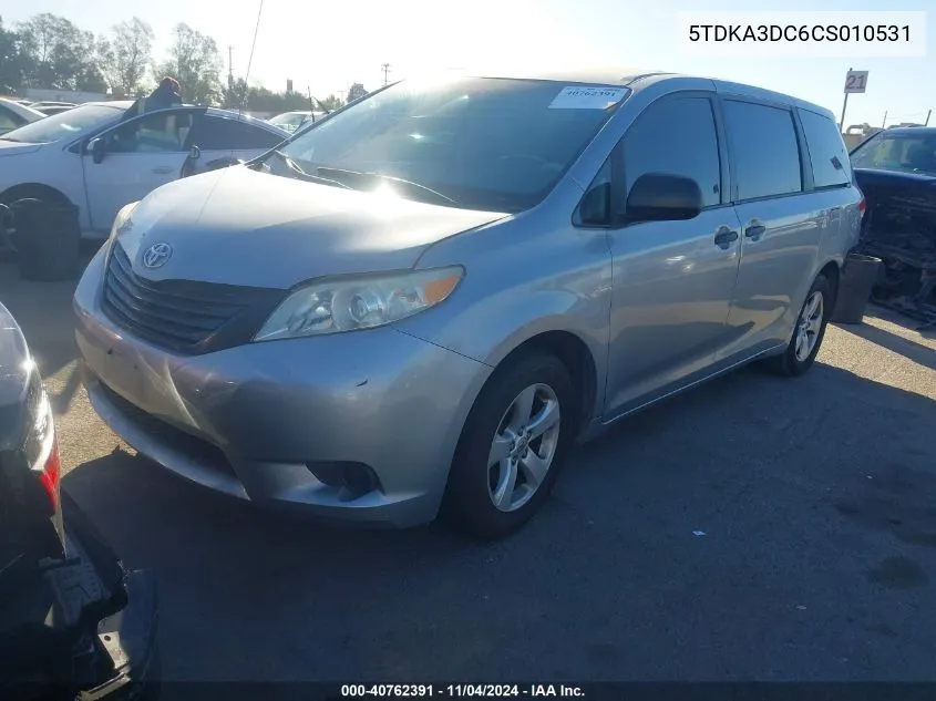 2012 Toyota Sienna Le VIN: 5TDKA3DC6CS010531 Lot: 40762391