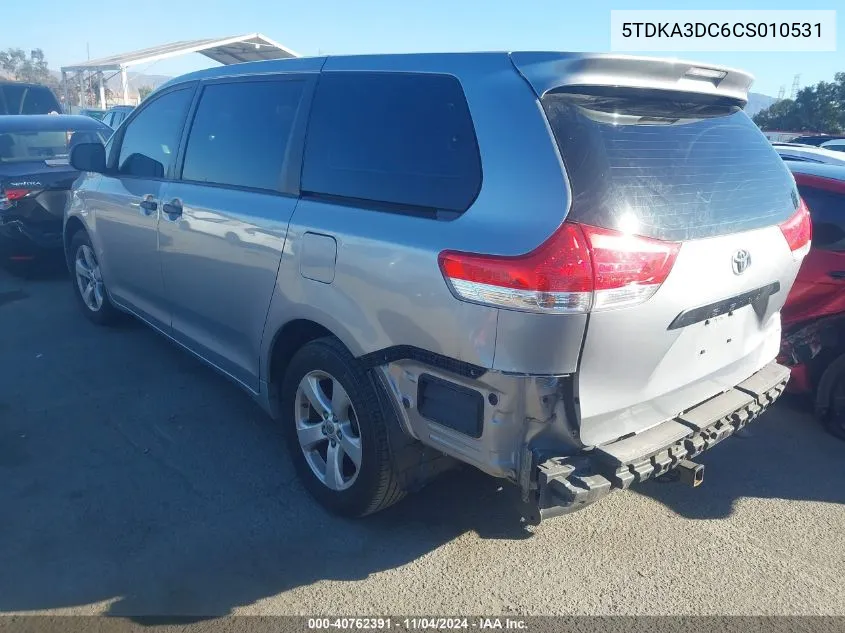 2012 Toyota Sienna Le VIN: 5TDKA3DC6CS010531 Lot: 40762391