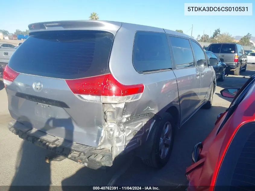 2012 Toyota Sienna Le VIN: 5TDKA3DC6CS010531 Lot: 40762391