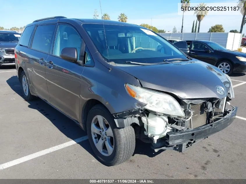 2012 Toyota Sienna Le V6 8 Passenger VIN: 5TDKK3DC9CS251187 Lot: 40791537