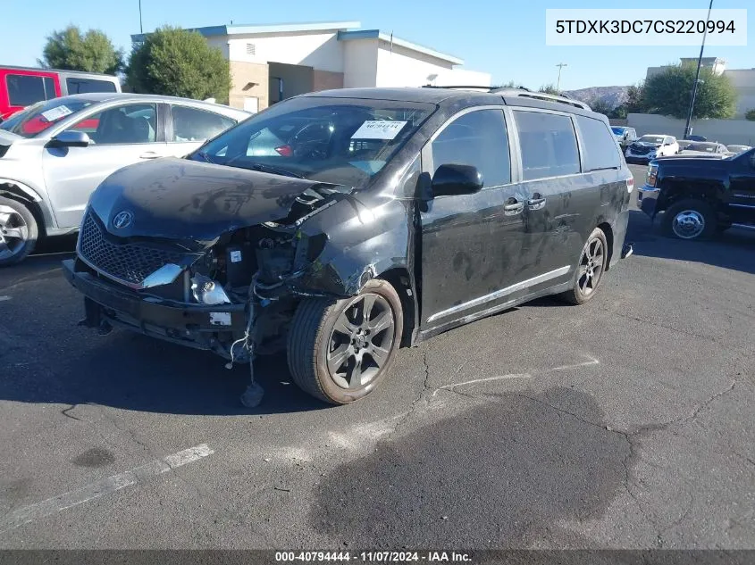 2012 Toyota Sienna Se 8 Passenger VIN: 5TDXK3DC7CS220994 Lot: 40794444