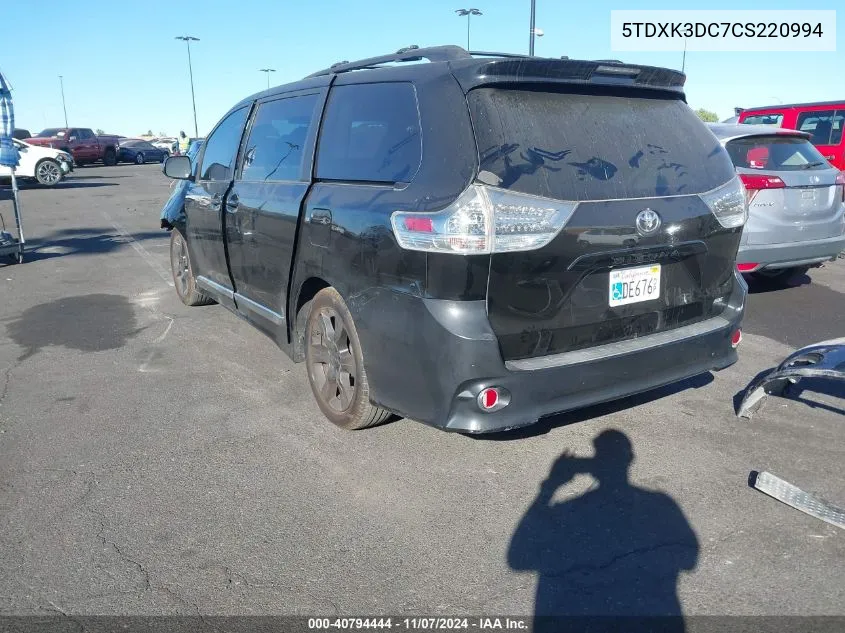 2012 Toyota Sienna Se 8 Passenger VIN: 5TDXK3DC7CS220994 Lot: 40794444