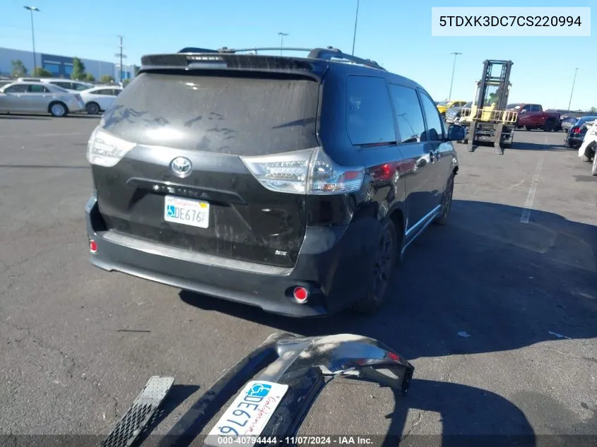 2012 Toyota Sienna Se 8 Passenger VIN: 5TDXK3DC7CS220994 Lot: 40794444