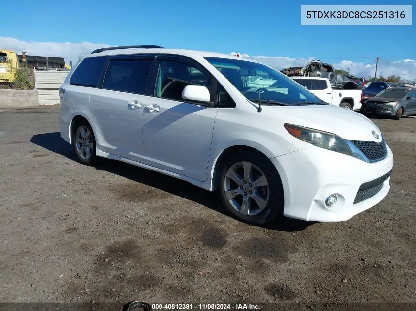 2012 Toyota Sienna Se 8 Passenger VIN: 5TDXK3DC8CS251316 Lot: 40812381