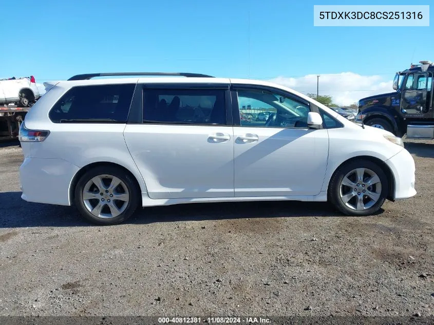 2012 Toyota Sienna Se 8 Passenger VIN: 5TDXK3DC8CS251316 Lot: 40812381