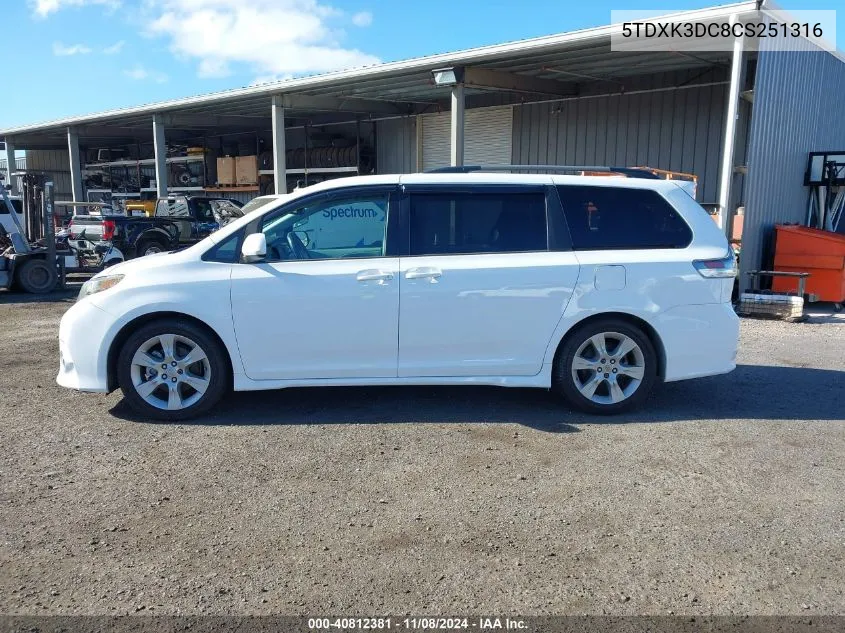 2012 Toyota Sienna Se 8 Passenger VIN: 5TDXK3DC8CS251316 Lot: 40812381