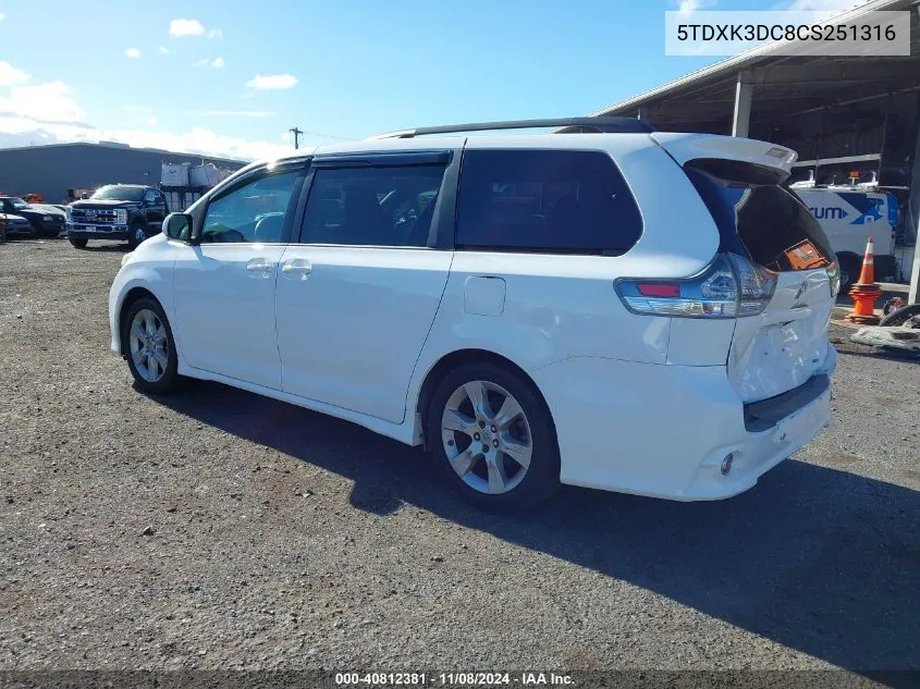 2012 Toyota Sienna Se 8 Passenger VIN: 5TDXK3DC8CS251316 Lot: 40812381