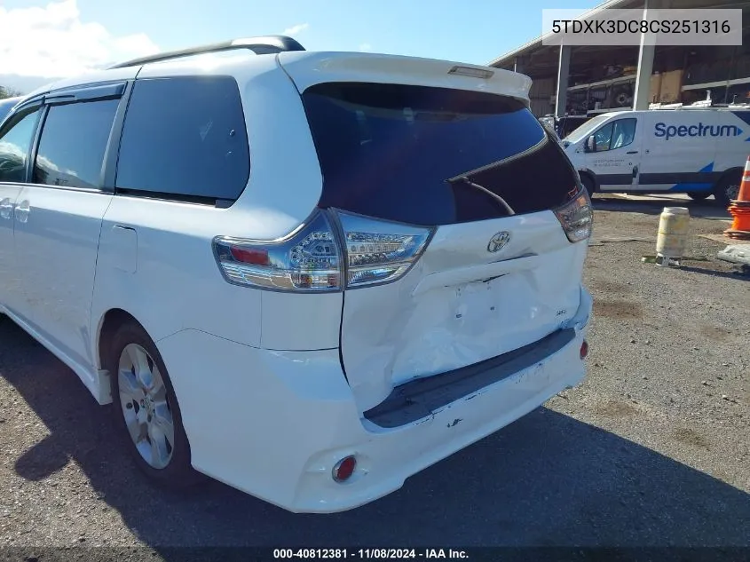 2012 Toyota Sienna Se 8 Passenger VIN: 5TDXK3DC8CS251316 Lot: 40812381