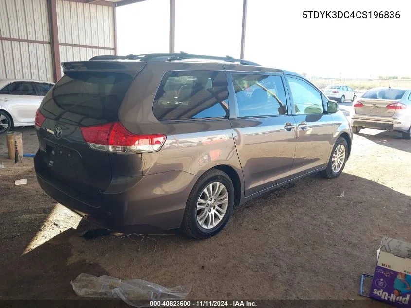 2012 Toyota Sienna Xle V6 8 Passenger VIN: 5TDYK3DC4CS196836 Lot: 40823600