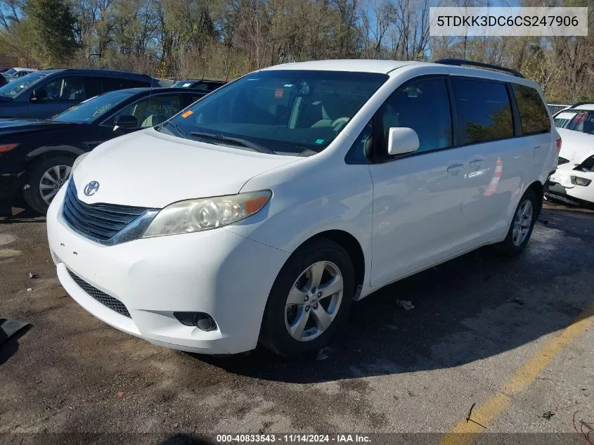 2012 Toyota Sienna Le V6 8 Passenger VIN: 5TDKK3DC6CS247906 Lot: 40833543