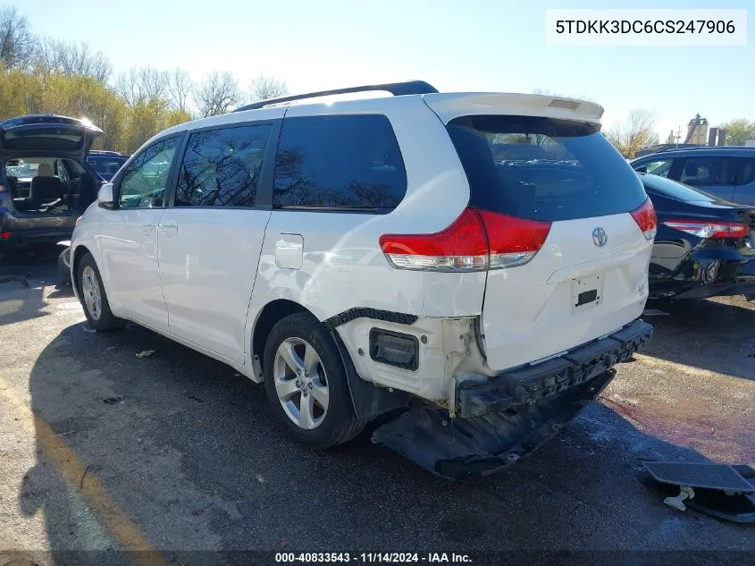 2012 Toyota Sienna Le V6 8 Passenger VIN: 5TDKK3DC6CS247906 Lot: 40833543