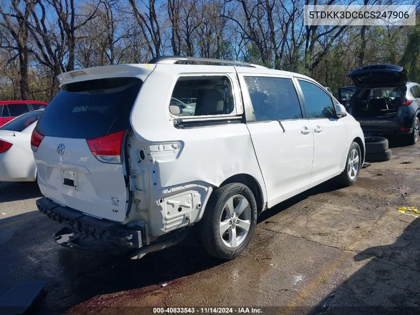 2012 Toyota Sienna Le V6 8 Passenger VIN: 5TDKK3DC6CS247906 Lot: 40833543