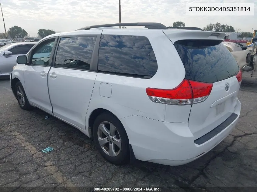 2013 Toyota Sienna Le V6 8 Passenger VIN: 5TDKK3DC4DS351814 Lot: 40289792