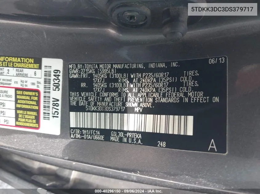 5TDKK3DC3DS379717 2013 Toyota Sienna Le V6 7 Passenger Auto Access Seat/Le V6 8 Passenger