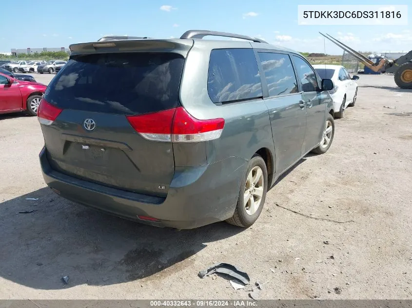 2013 Toyota Sienna Le VIN: 5TDKK3DC6DS311816 Lot: 40332643