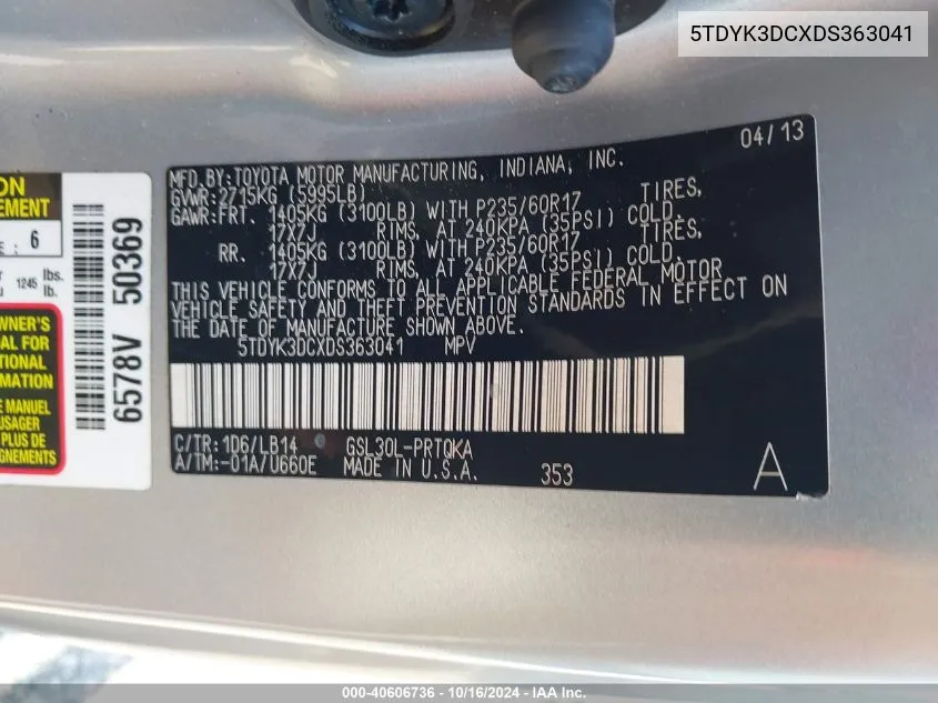 5TDYK3DCXDS363041 2013 Toyota Sienna Xle V6 8 Passenger