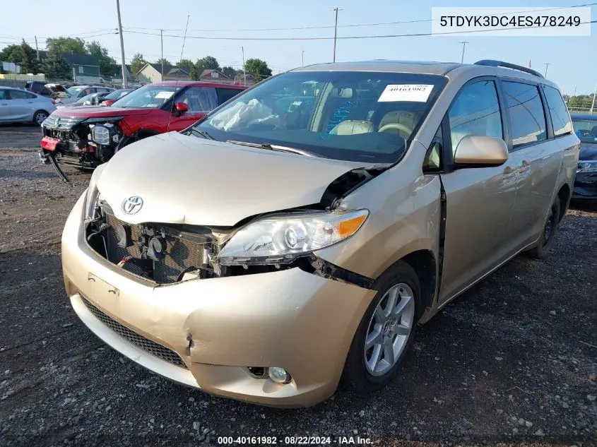 2014 Toyota Sienna Xle V6 8 Passenger VIN: 5TDYK3DC4ES478249 Lot: 40161982