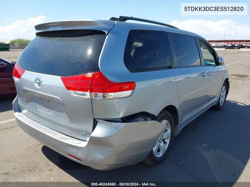 2014 Toyota Sienna Le V6 8 Passenger VIN: 5TDKK3DC3ES512820 Lot: 40243660