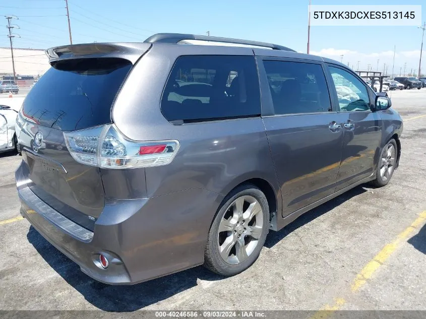 2014 Toyota Sienna Se 8 Passenger VIN: 5TDXK3DCXES513145 Lot: 40246586