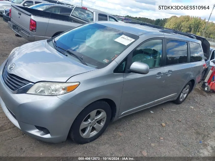 2014 Toyota Sienna Le V6 8 Passenger VIN: 5TDKK3DC6ES510964 Lot: 40612573