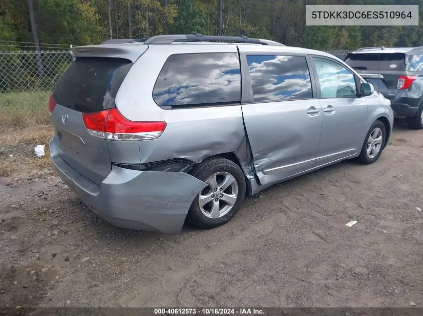 2014 Toyota Sienna Le V6 8 Passenger VIN: 5TDKK3DC6ES510964 Lot: 40612573