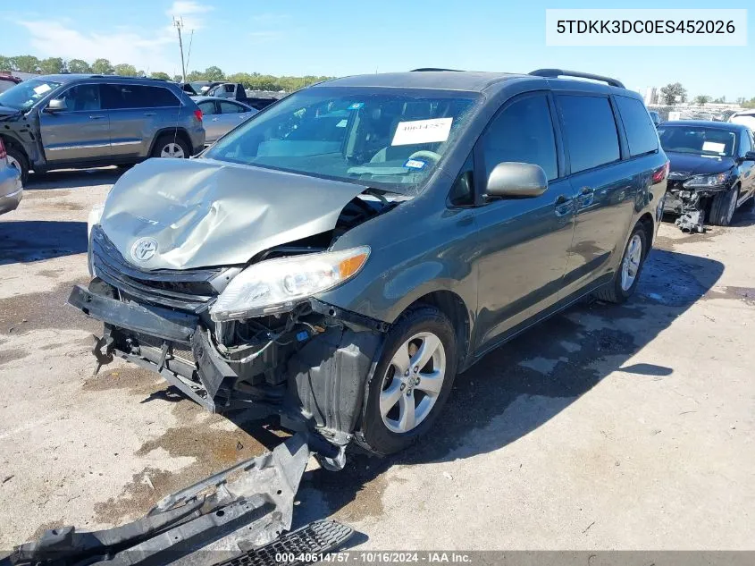 2014 Toyota Sienna Le V6 8 Passenger VIN: 5TDKK3DC0ES452026 Lot: 40614757