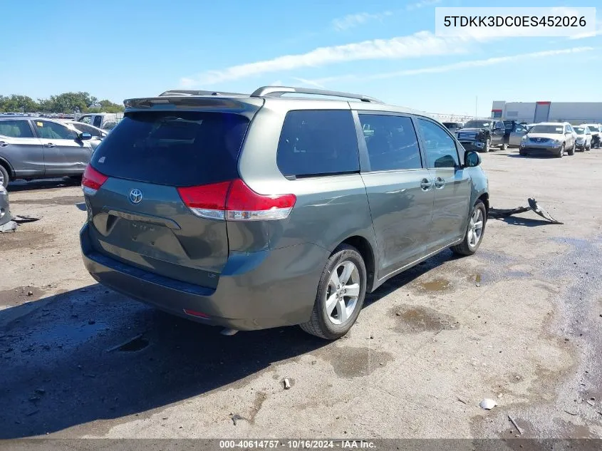 2014 Toyota Sienna Le V6 8 Passenger VIN: 5TDKK3DC0ES452026 Lot: 40614757