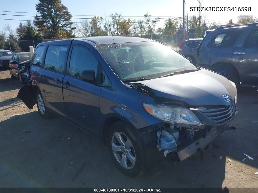 2014 Toyota Sienna L V6 7 Passenger VIN: 5TDZK3DCXES416598 Lot: 40730361