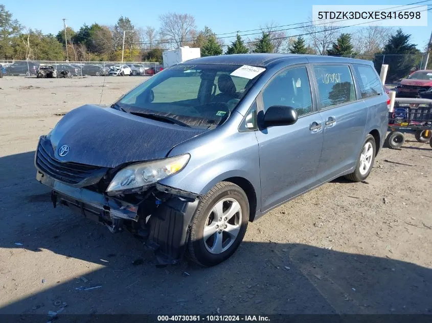 2014 Toyota Sienna L V6 7 Passenger VIN: 5TDZK3DCXES416598 Lot: 40730361