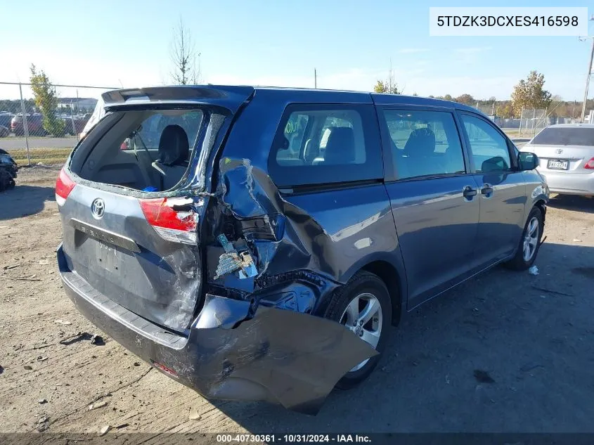 2014 Toyota Sienna L V6 7 Passenger VIN: 5TDZK3DCXES416598 Lot: 40730361