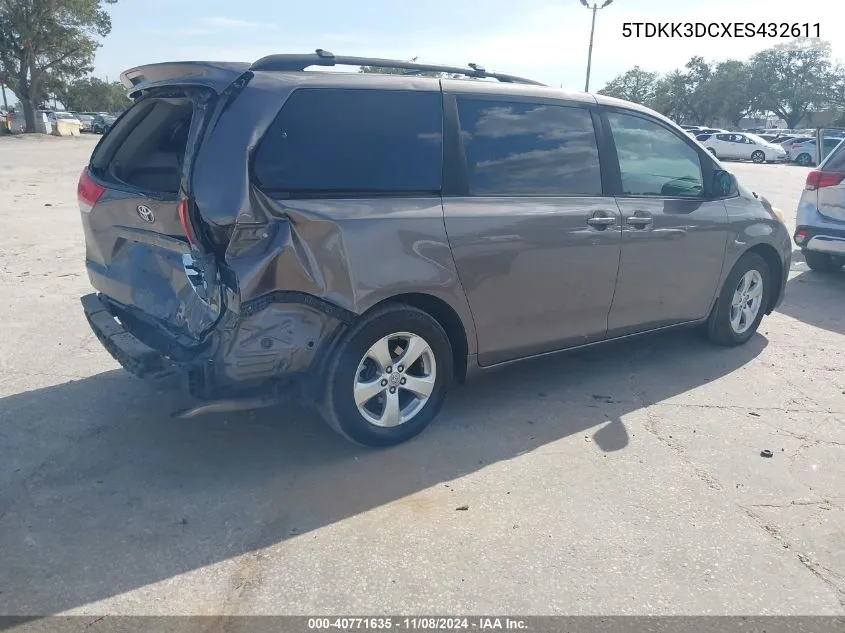 2014 Toyota Sienna Le V6 8 Passenger VIN: 5TDKK3DCXES432611 Lot: 40771635