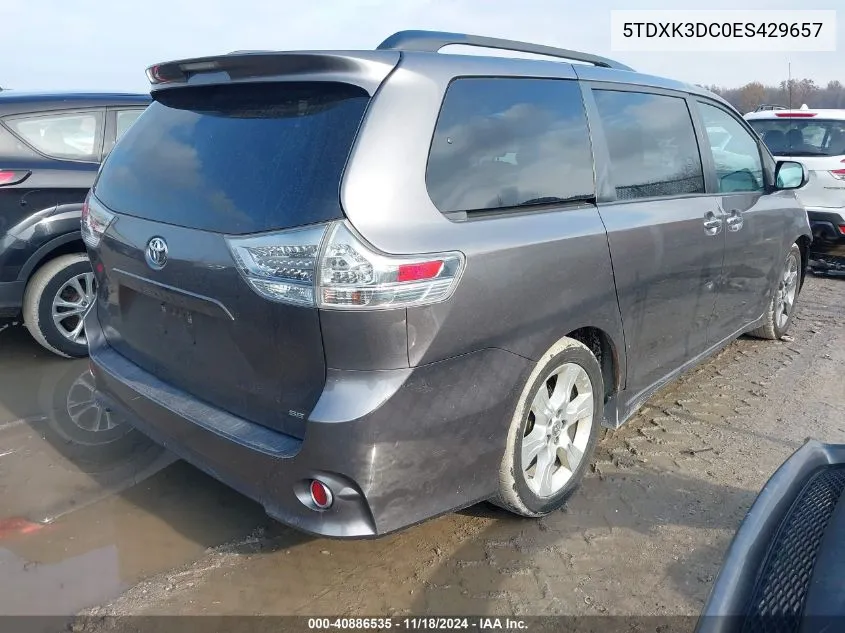 2014 Toyota Sienna Se 8 Passenger VIN: 5TDXK3DC0ES429657 Lot: 40886535