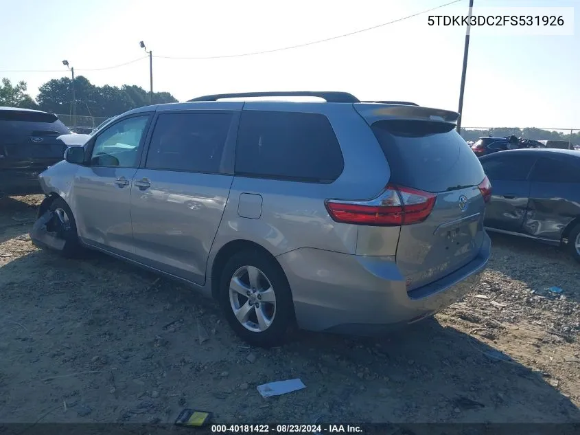 2015 Toyota Sienna Le 8 Passenger VIN: 5TDKK3DC2FS531926 Lot: 40181422