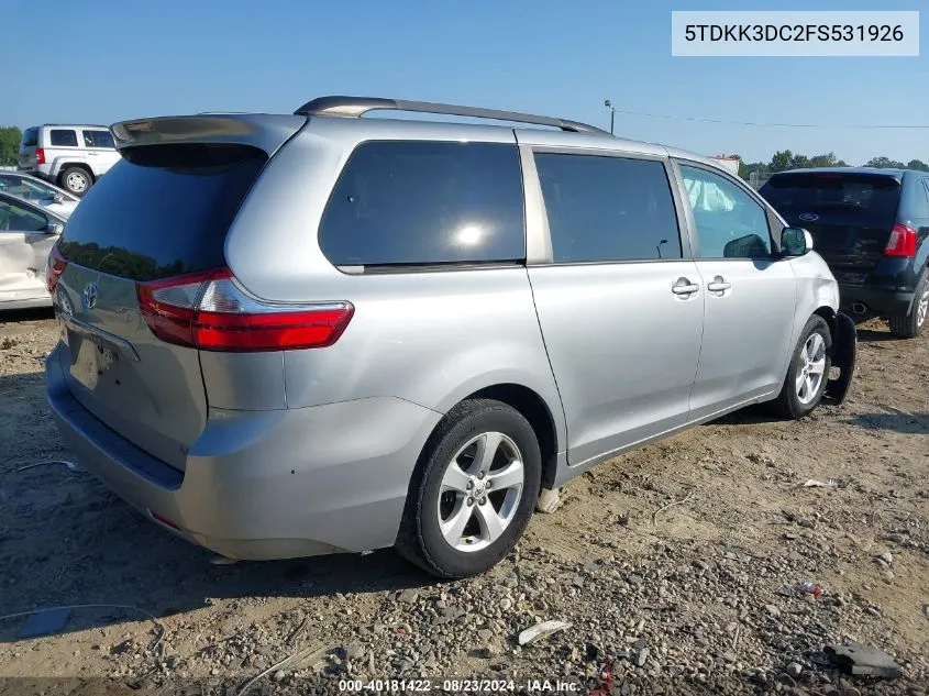 2015 Toyota Sienna Le 8 Passenger VIN: 5TDKK3DC2FS531926 Lot: 40181422