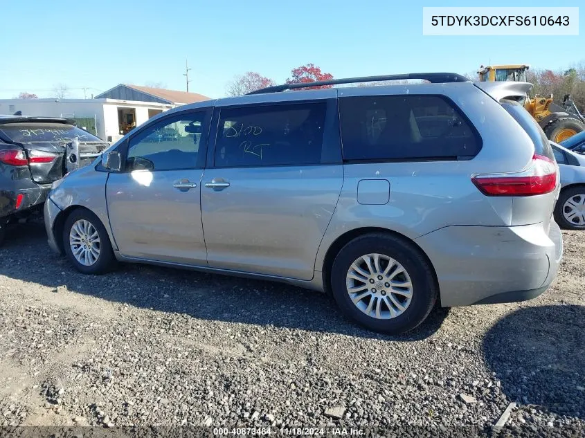 2015 Toyota Sienna Xle 8 Passenger VIN: 5TDYK3DCXFS610643 Lot: 40873484