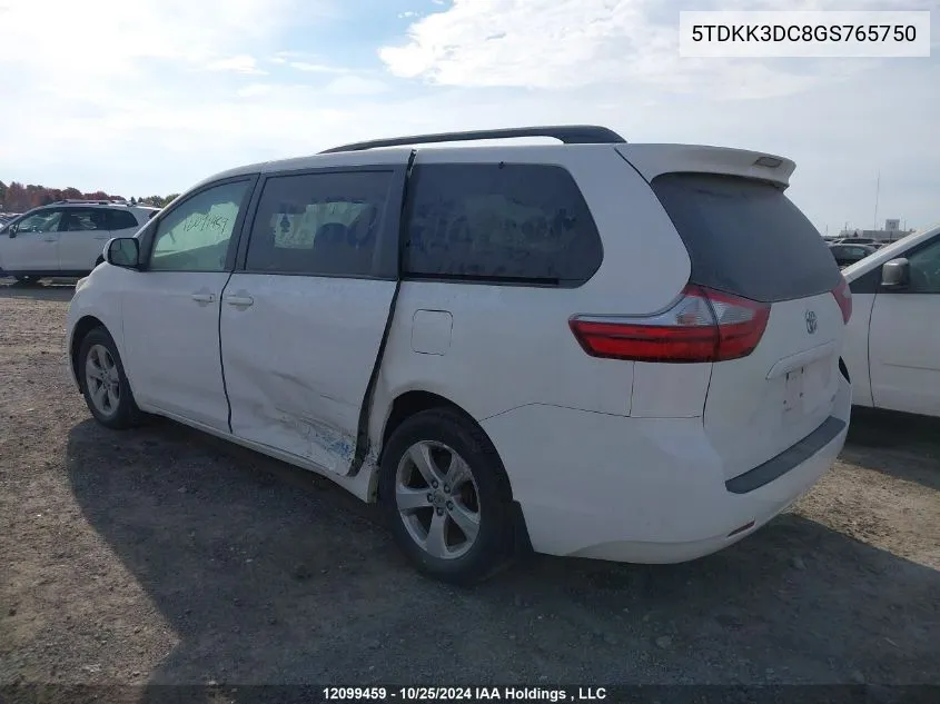 2016 Toyota Sienna Le V6 VIN: 5TDKK3DC8GS765750 Lot: 12099459