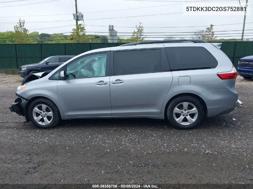 2016 Toyota Sienna Le 7 Passenger VIN: 5TDKK3DC2GS752881 Lot: 39356706