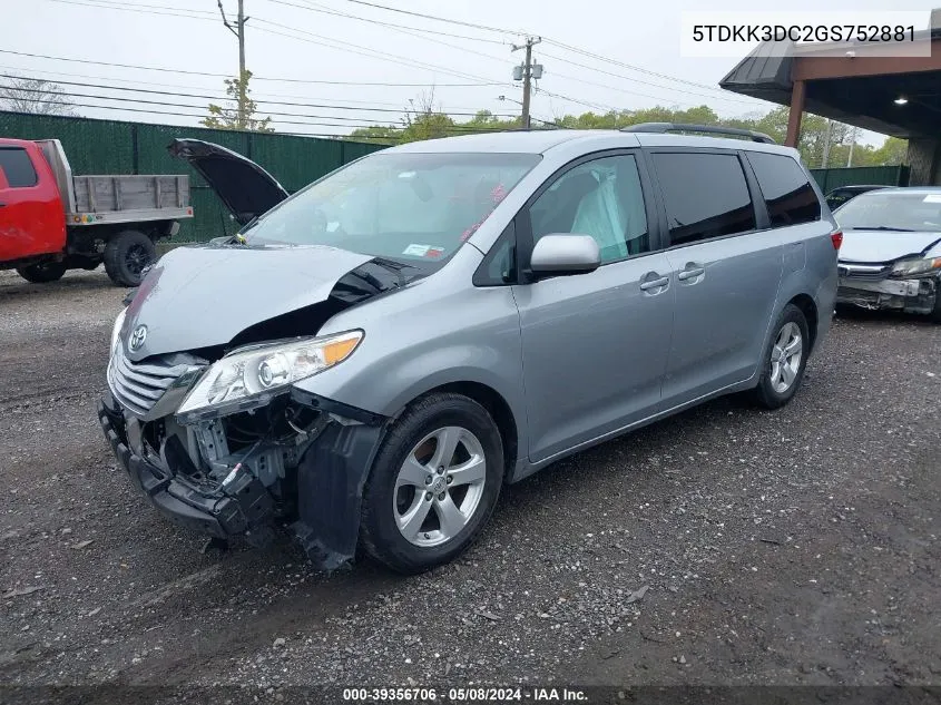 2016 Toyota Sienna Le 7 Passenger VIN: 5TDKK3DC2GS752881 Lot: 39356706