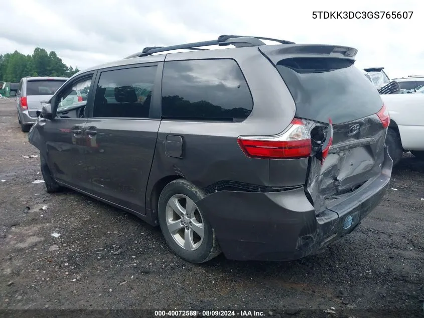 2016 Toyota Sienna Le VIN: 5TDKK3DC3GS765607 Lot: 40072569