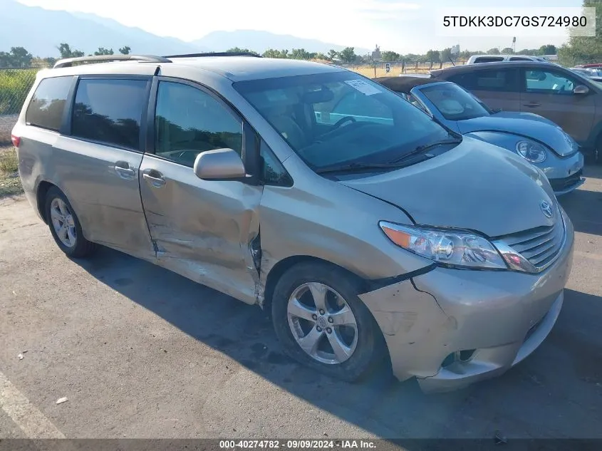 2016 Toyota Sienna Le 8 Passenger VIN: 5TDKK3DC7GS724980 Lot: 40274782