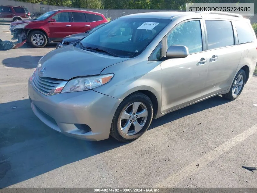 2016 Toyota Sienna Le 8 Passenger VIN: 5TDKK3DC7GS724980 Lot: 40274782