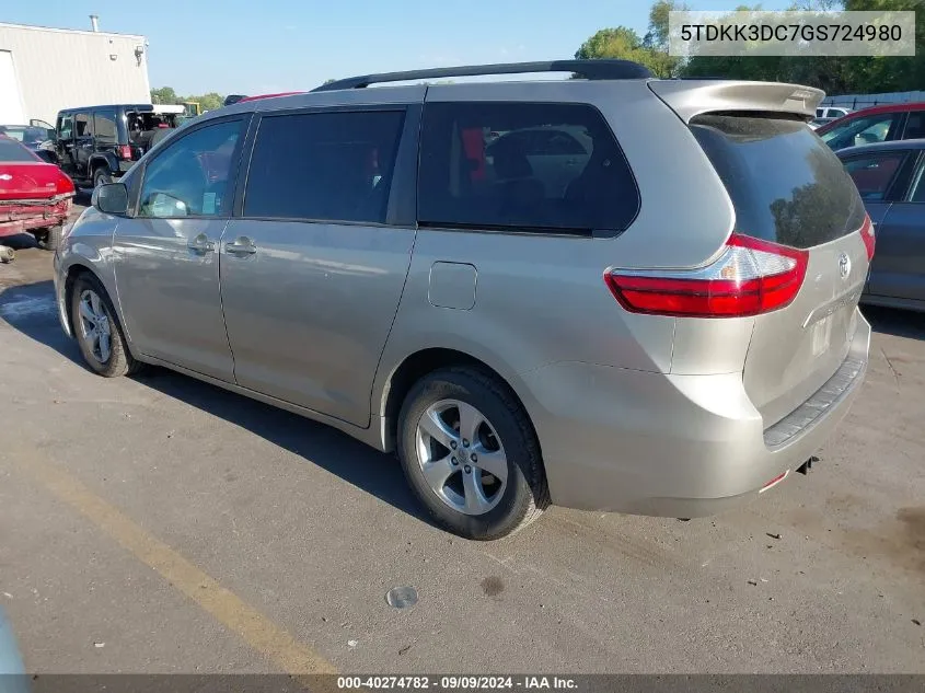 2016 Toyota Sienna Le 8 Passenger VIN: 5TDKK3DC7GS724980 Lot: 40274782