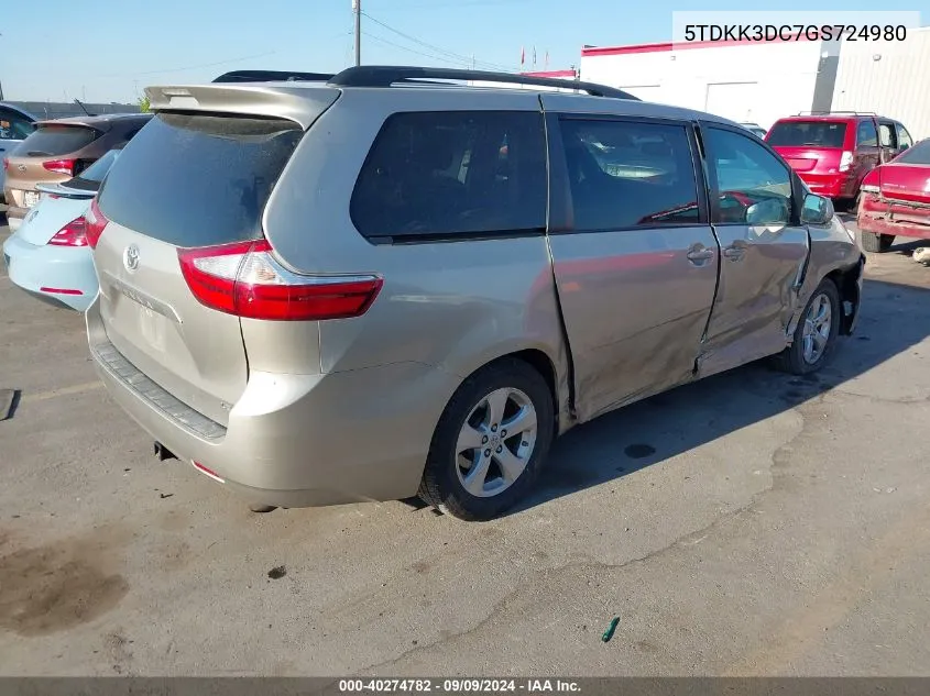 2016 Toyota Sienna Le 8 Passenger VIN: 5TDKK3DC7GS724980 Lot: 40274782