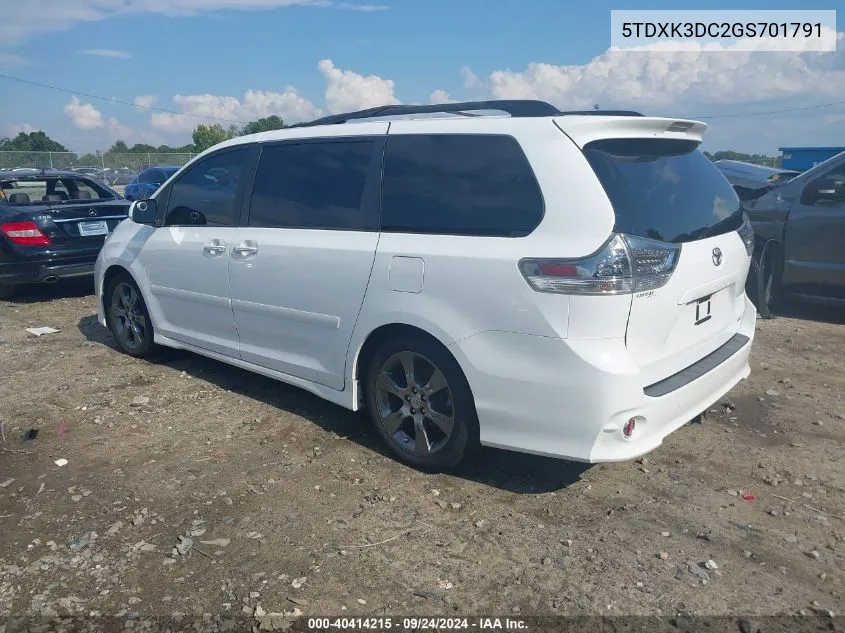 2016 Toyota Sienna Se 8 Passenger VIN: 5TDXK3DC2GS701791 Lot: 40414215